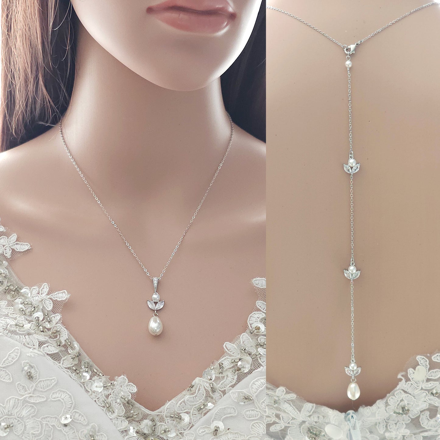 Simple Wedding Pearl Pendant Necklace with Backdrop in Gold-Leila