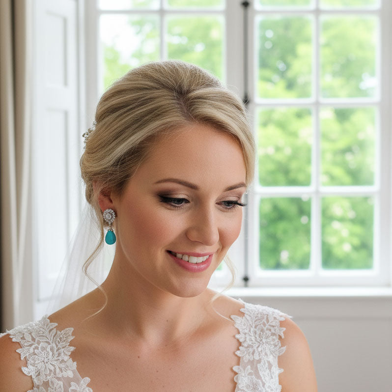 Turquoise Shell Pearl Drop Earrings with Dazzling CZ Top (Rhodium Plated)-Sophie