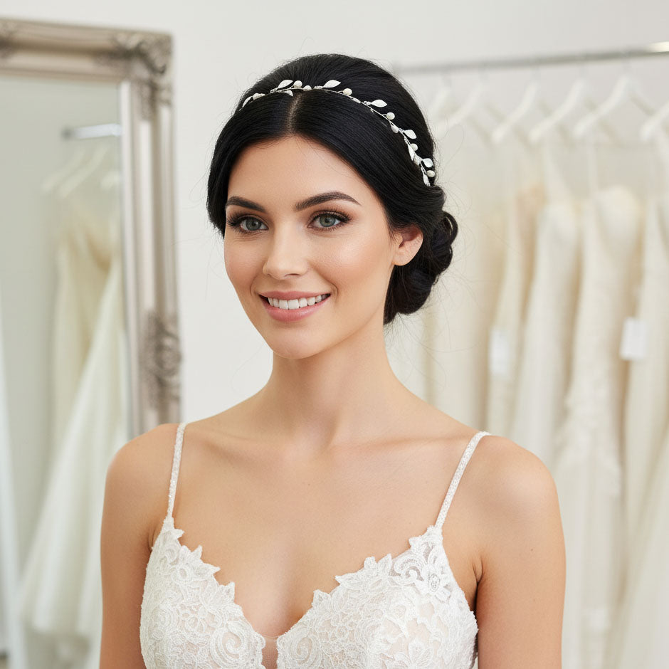 Tiny Gold Leaf and Pearl Headpiece- Sweet Peas