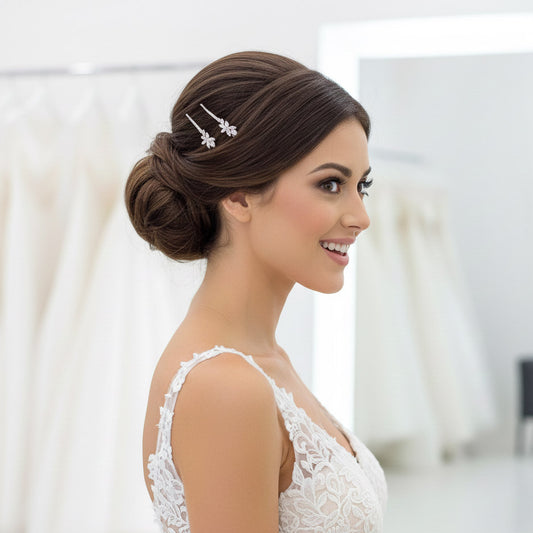 Sleek Leaf Bridal Hair Pin Set | CZ Bobby Pins for Brides & Wedding Party- Thea