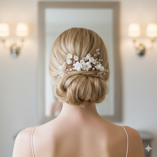 Gold Bridal Hair Comb with White Porcelain Flower & Crystal Beads-Tulip