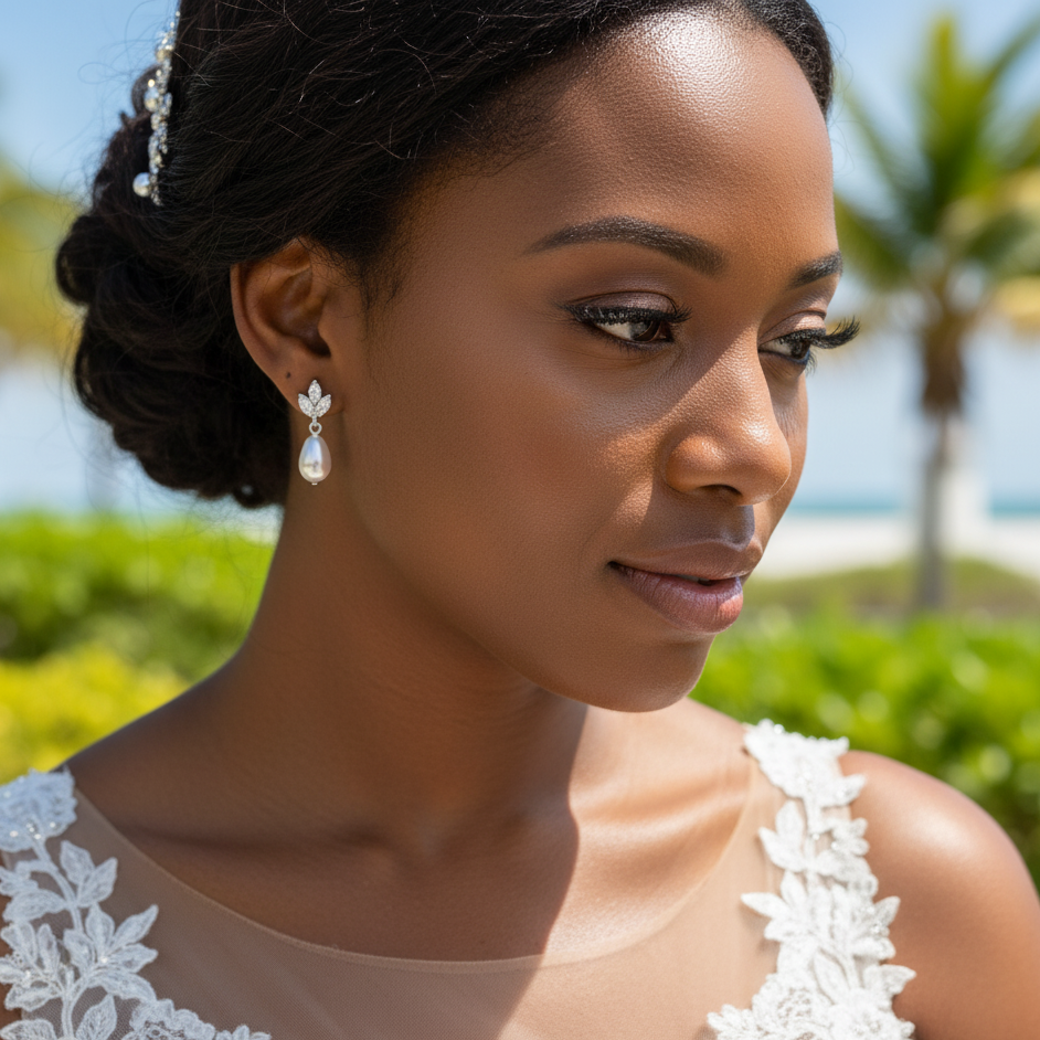 Dainty Gold CZ Leaf Teardrop Pearl Earrings for Weddings- Vera