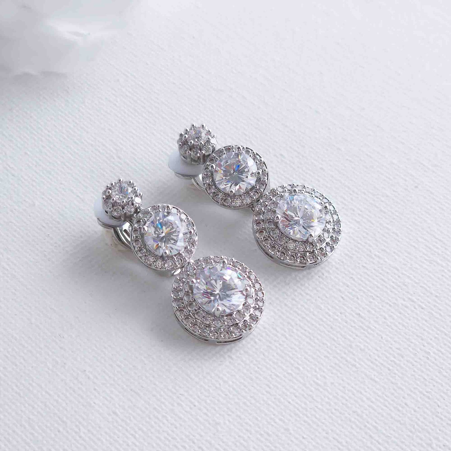 Wedding Clip on Earrings with 3 Round CZ Stones-Alaia