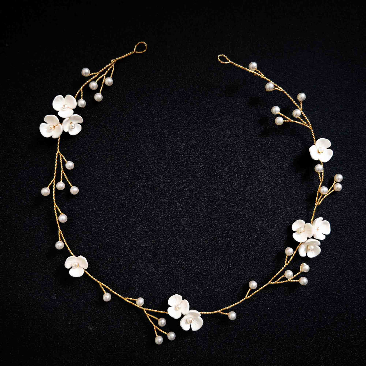 Gold Hair Vine Headband with Porcelin Flowers and Pearls - Zaneta