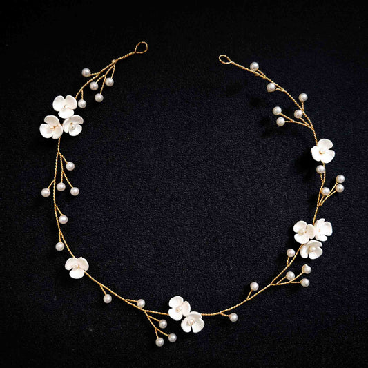 Gold Hair Vine Headband with Porcelin Flowers and Pearls - Zaneta