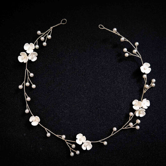 Ceramic Floral and Pearl Bridal Hair Vine in Silver - Zaneta