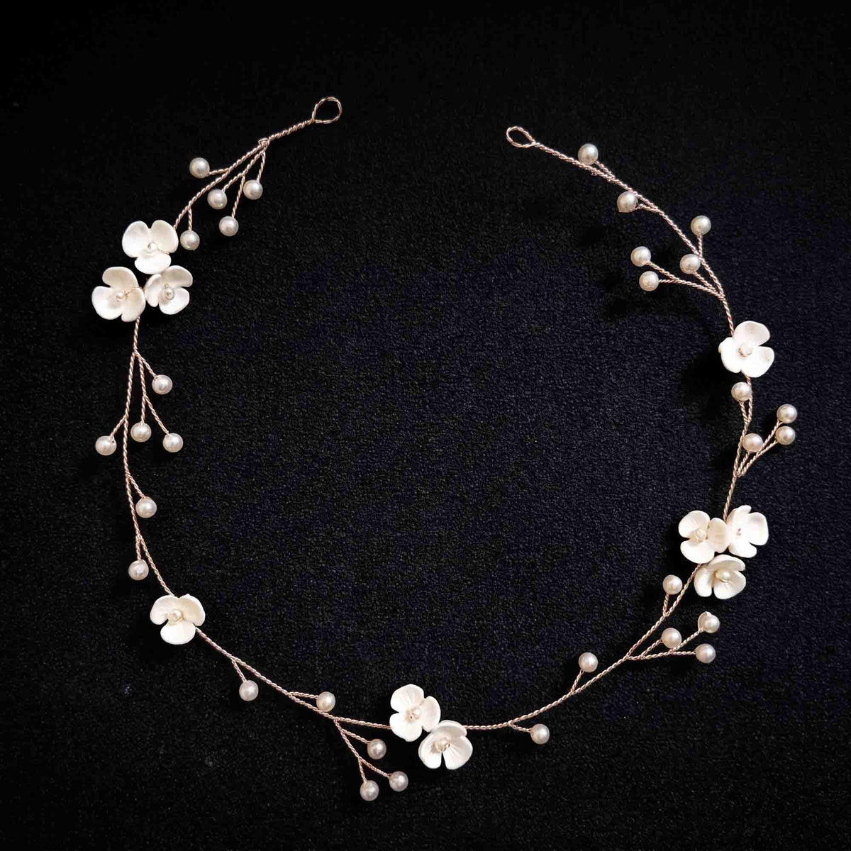 Ceramic Floral and Pearl Bridal Hair Vine in Silver - Zaneta