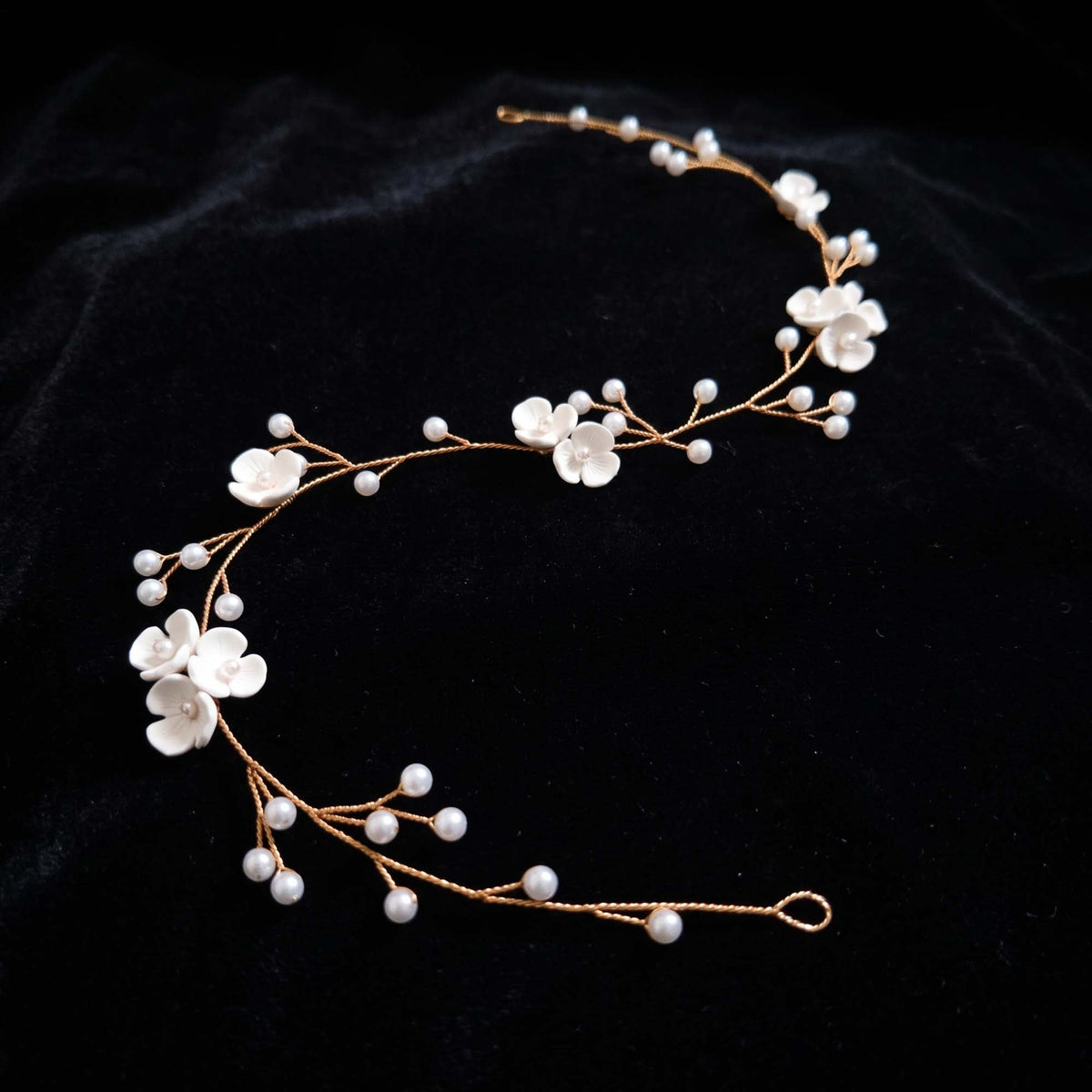 Ceramic Floral and Pearl Bridal Hair Vine in Silver - Zaneta