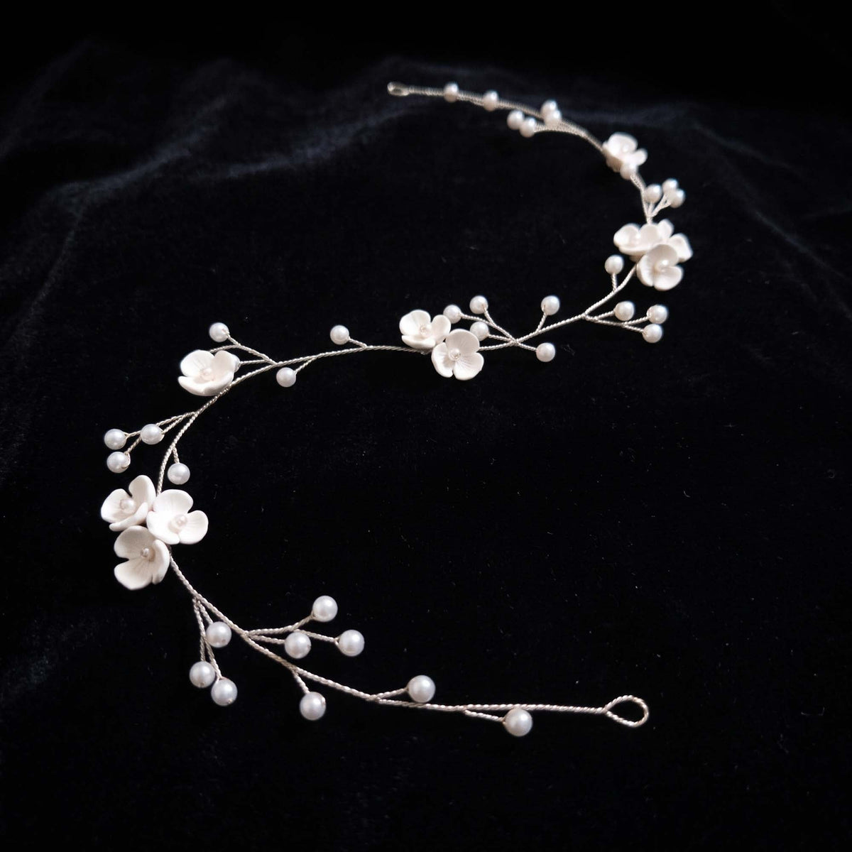 Gold Hair Vine Headband with Porcelin Flowers and Pearls - Zaneta