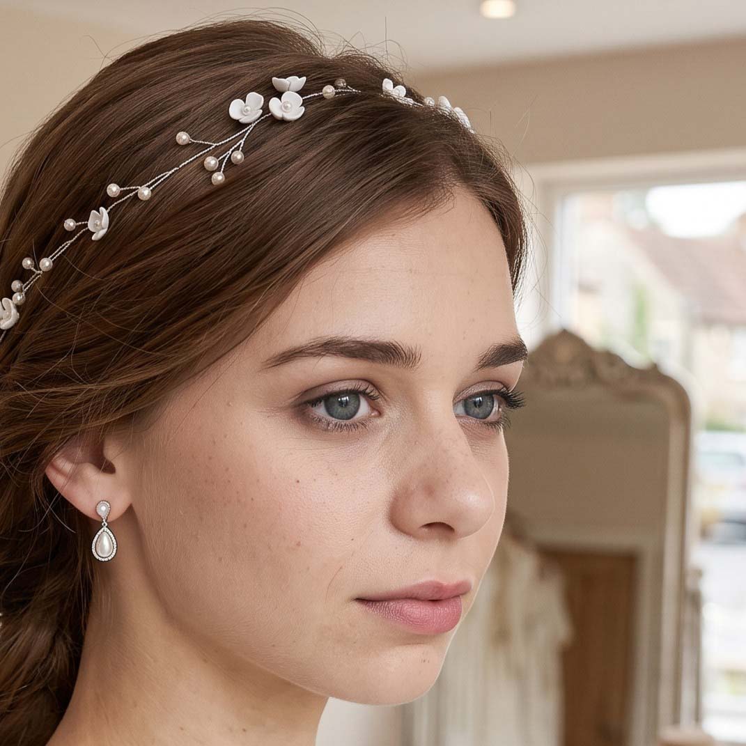 Ceramic Floral and Pearl Bridal Hair Vine in Silver - Zaneta