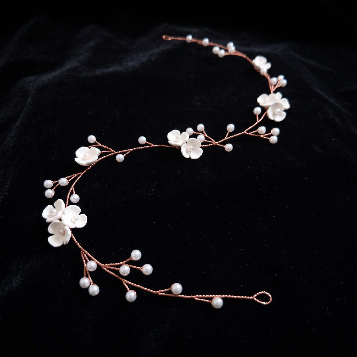 Ceramic Floral and Pearl Bridal Hair Vine in Silver - Zaneta