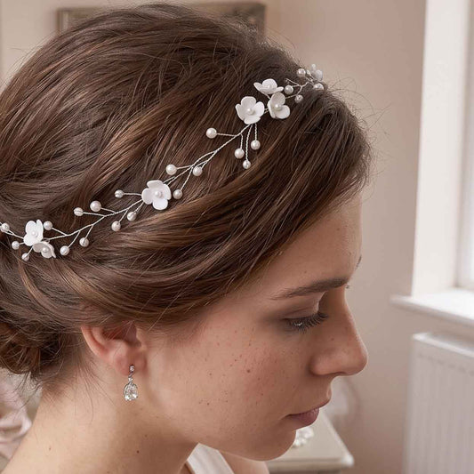 Gold Hair Vine Headband with Porcelin Flowers and Pearls - Zaneta