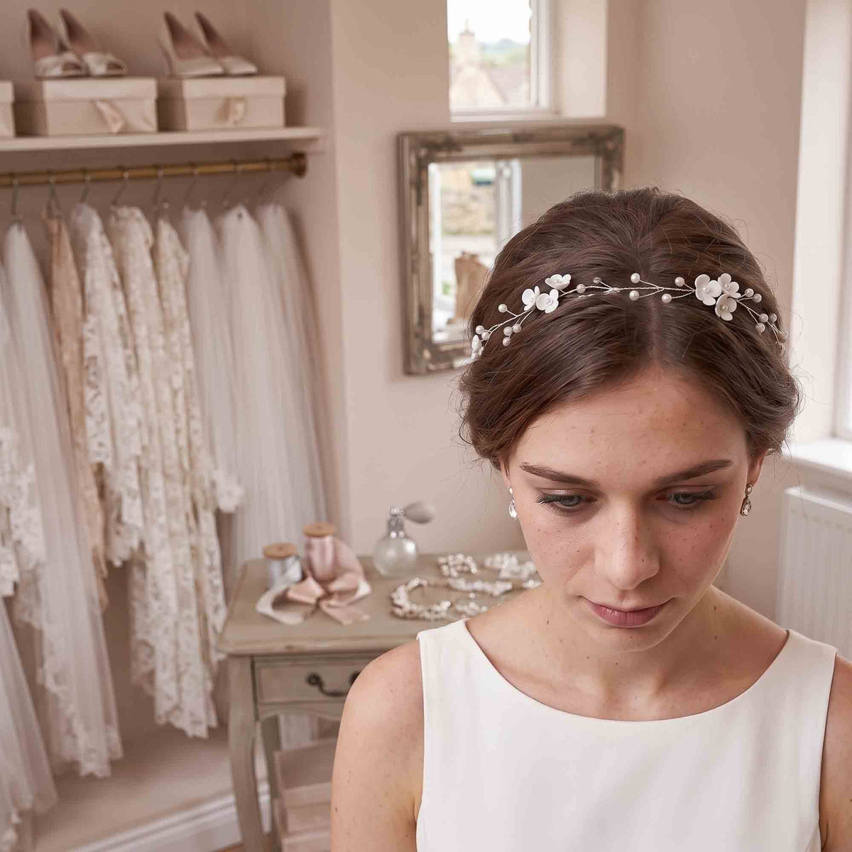 Ceramic Floral and Pearl Bridal Hair Vine in Silver - Zaneta