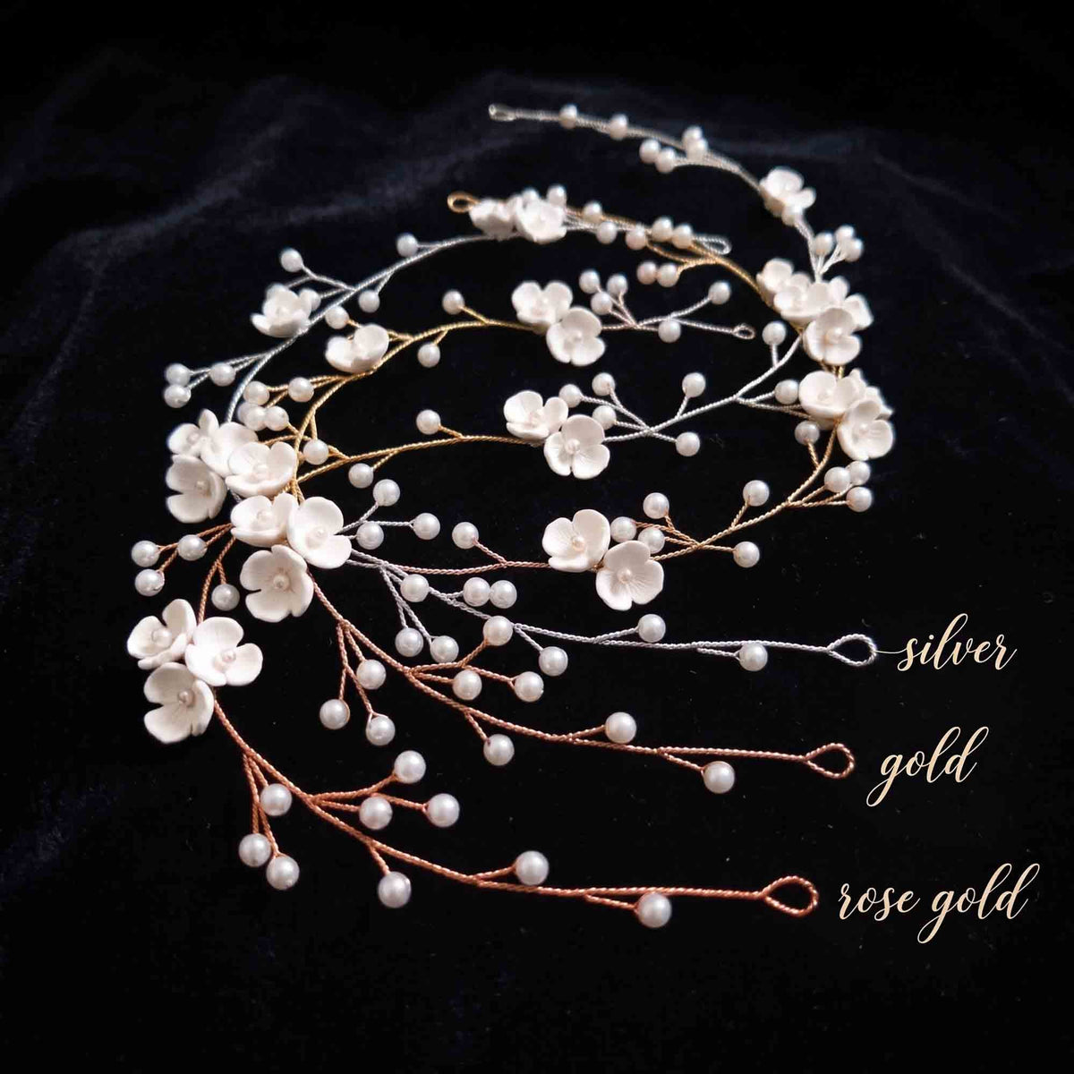 Pearl and Floral Rose Gold Hair Vine Wedding Headpiece - Zaneta