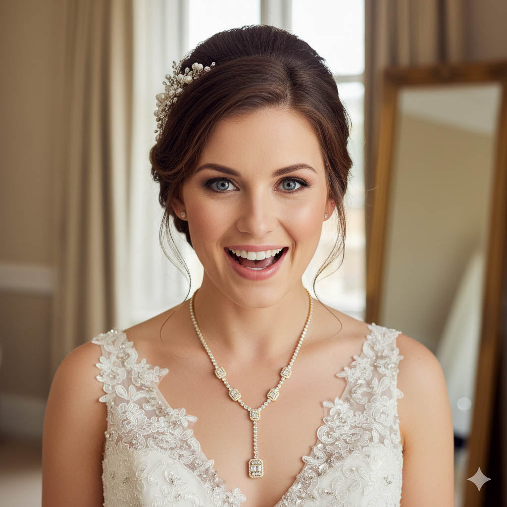 CZ T-Drop Formal Necklace & Earrings Set | Neckline Styling Jewelry - Edith