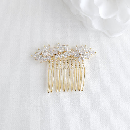 14K Gold Small CZ Wedding Veil Comb | Marquise Leaf Cluster Hair Piece - Bridget