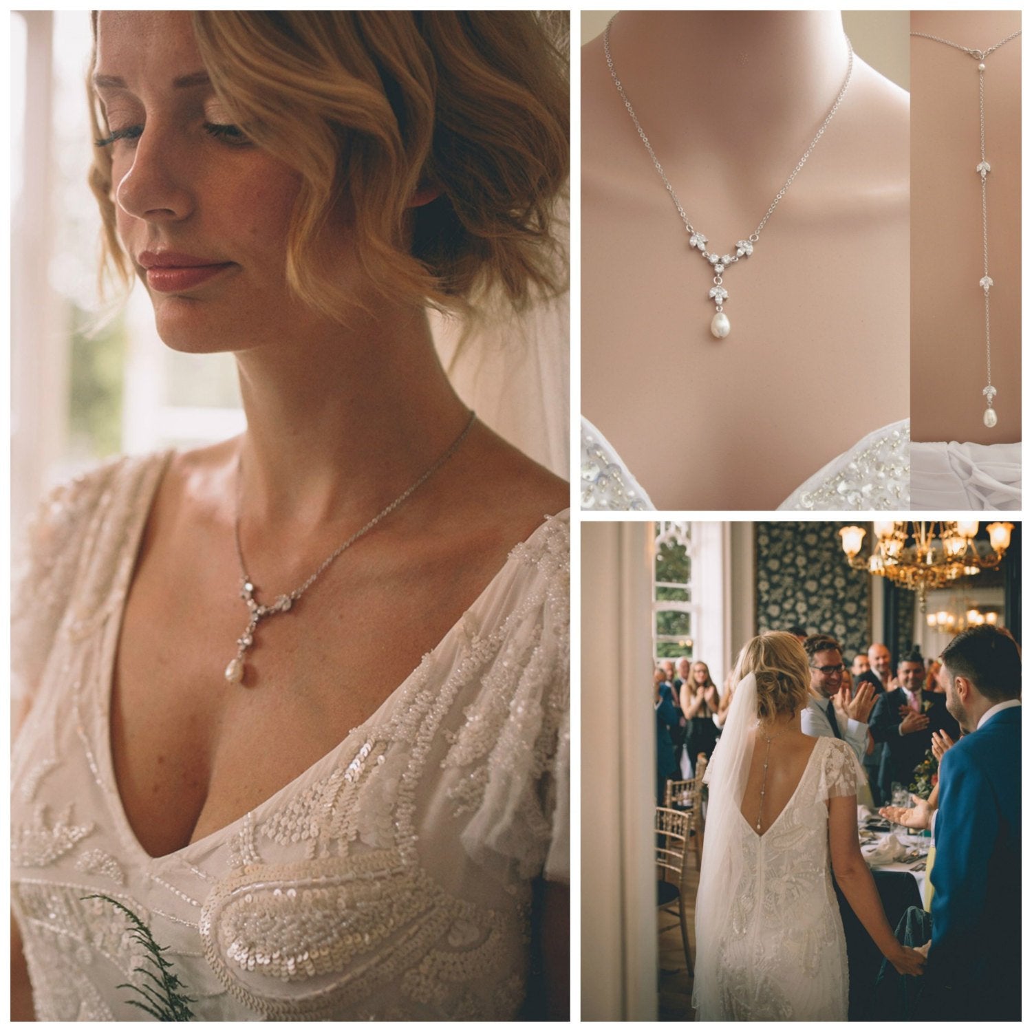 Back Drop Bridal Necklace, Pearl Crystal Wedding Necklace, Wedding Backdrop Necklace, Simple Back Necklace, Wedding Jewelry, Leila - PoetryDesigns