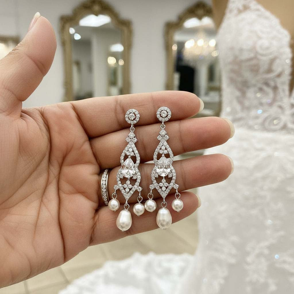 Elegant Pearl Drop Chandelier Earrings for a Graceful Bridal Look -Laura