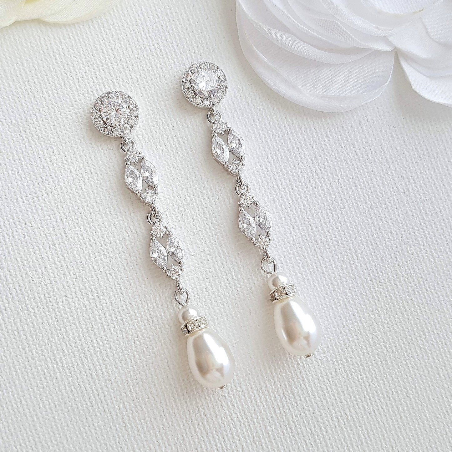 Long Rose Gold Pearl Drop Earrings- Hayley