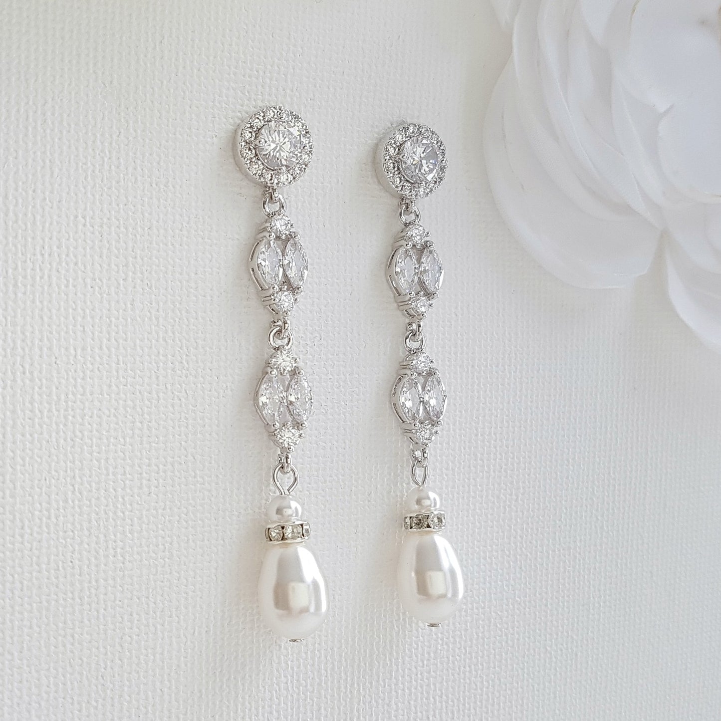 Long Rose Gold Pearl Drop Earrings- Hayley