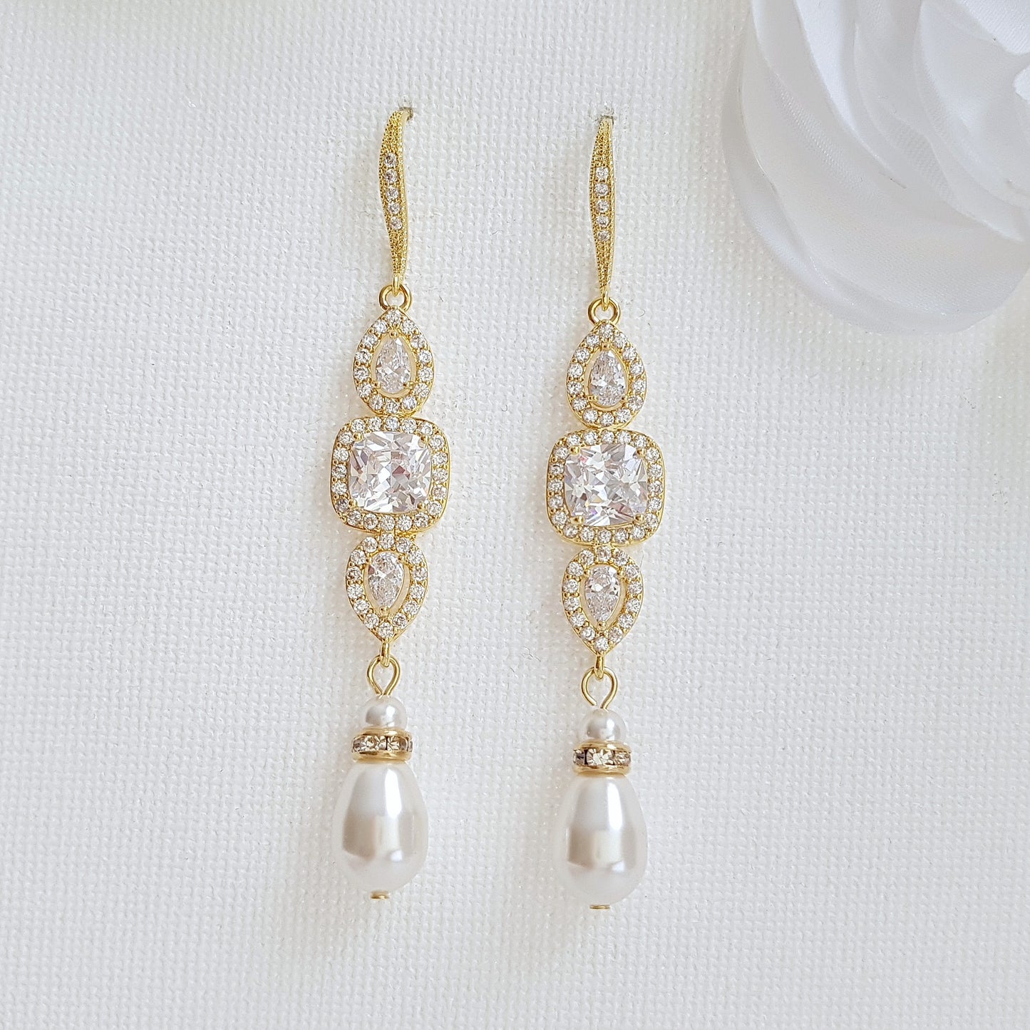 Rose Gold Pearl Drop Wedding Earrings-Gianna