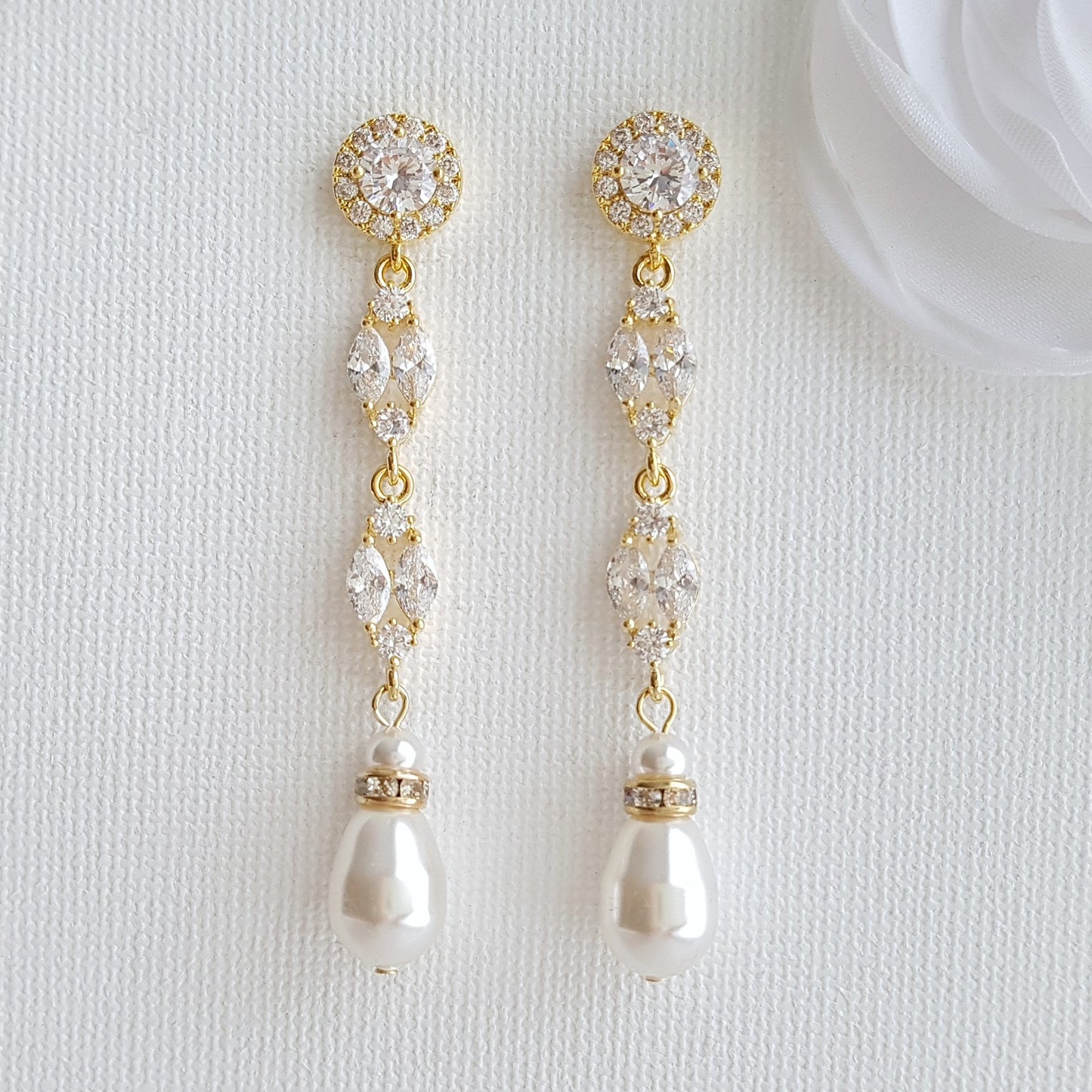 Long Rose Gold Pearl Drop Earrings- Hayley