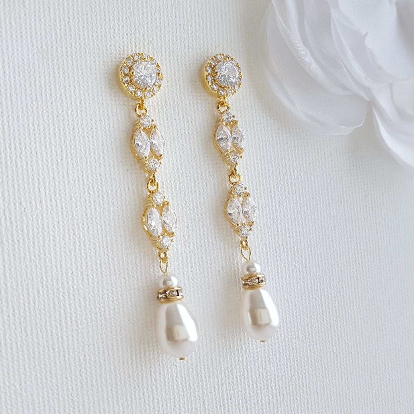 Long Rose Gold Pearl Drop Earrings- Hayley