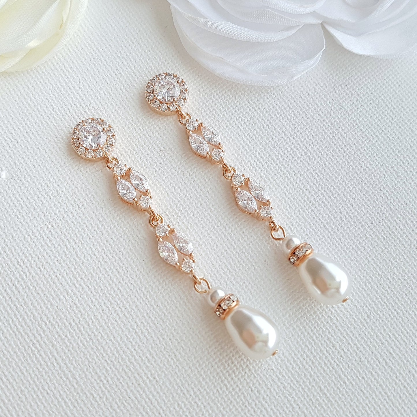 Long Rose Gold Pearl Drop Earrings- Hayley