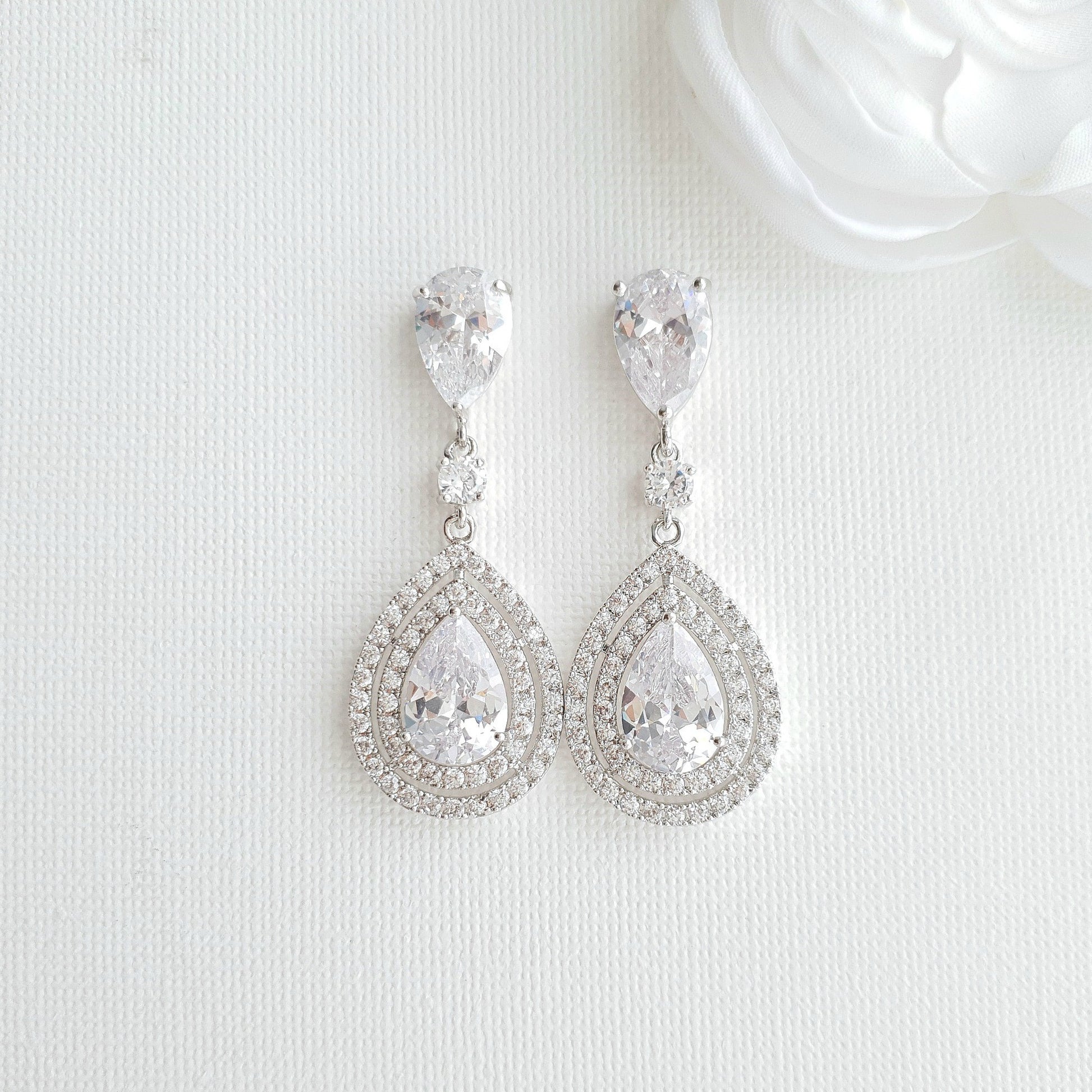 Bridal Drop Earrings in Pear Shaped Cubic Zirconia for Brides