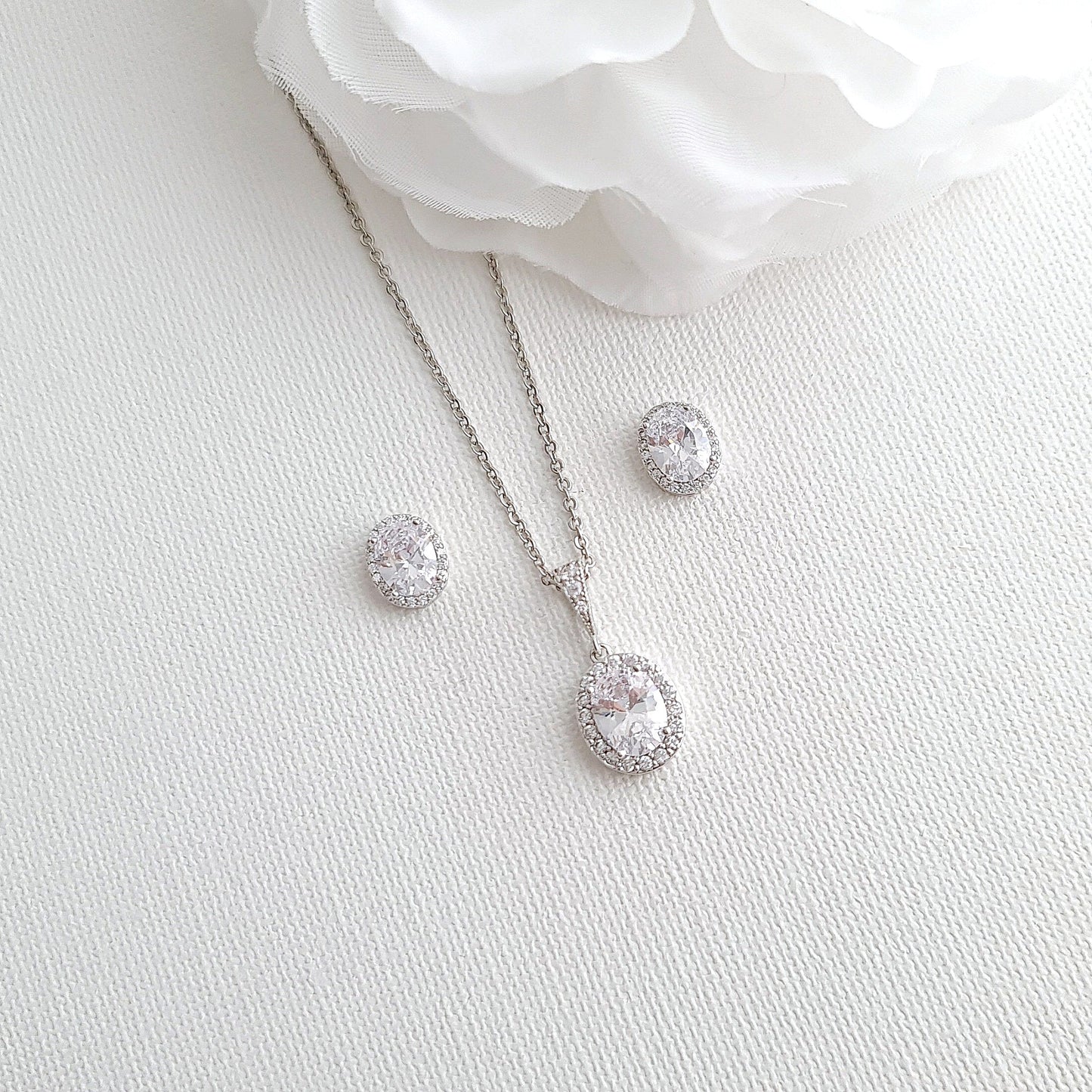 Brides & Bridesmaids Oval Stud Earrings and Necklace Set-Emily