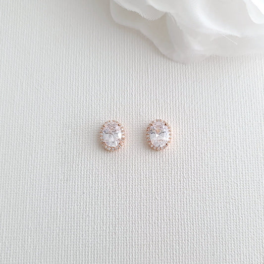 Rose Gold Cubic Zirconia Oval Stud Earrings-Emily