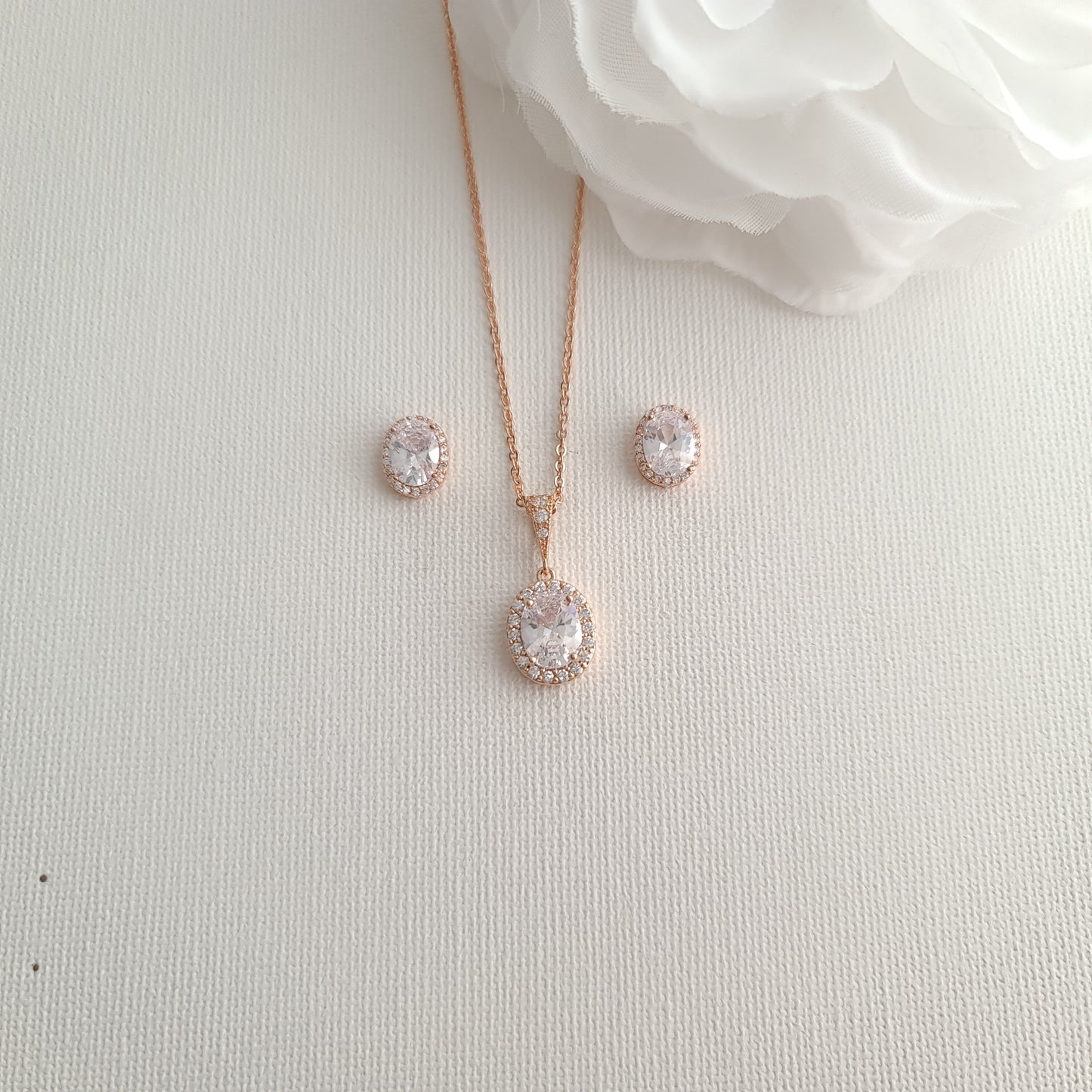 Oval Cubic Zirconia Stud Earrings and Necklace Set for Wedding-Emily