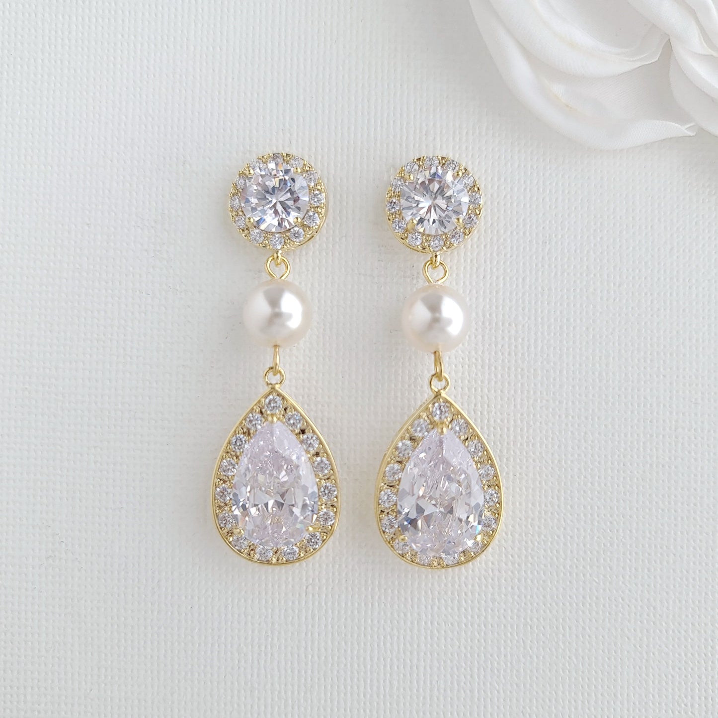 Rose Gold Crystal and Pearl Drop Earrings-Evita