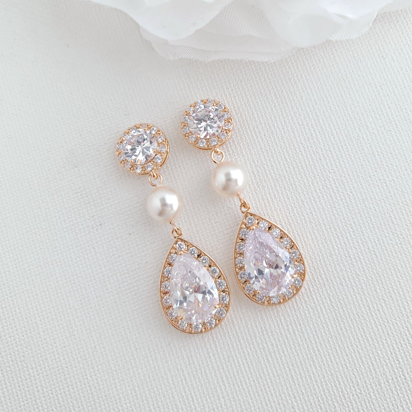 Rose Gold Crystal and Pearl Drop Earrings-Evita
