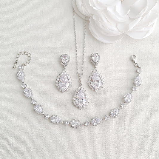 Clear Crystal Jewellery Set for Weddings in Silver-Raya