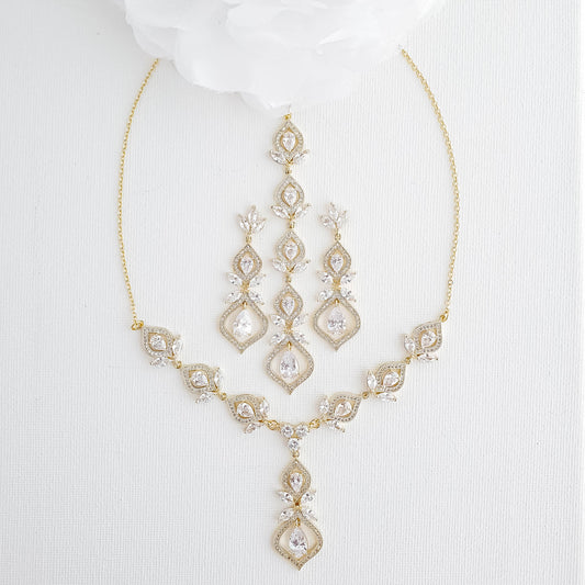 Gold Back Necklace and Earrings Bridal Jewellery Set-Meghan