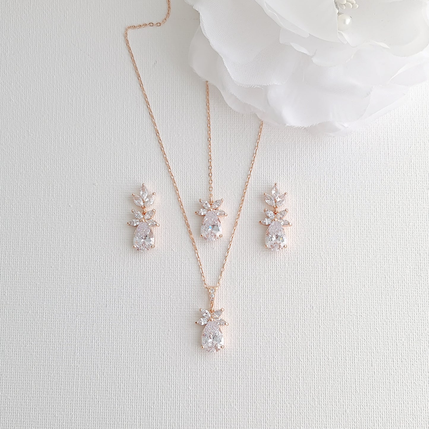 Simple Rose Gold Wedding Necklace and Earrings Set- Stella