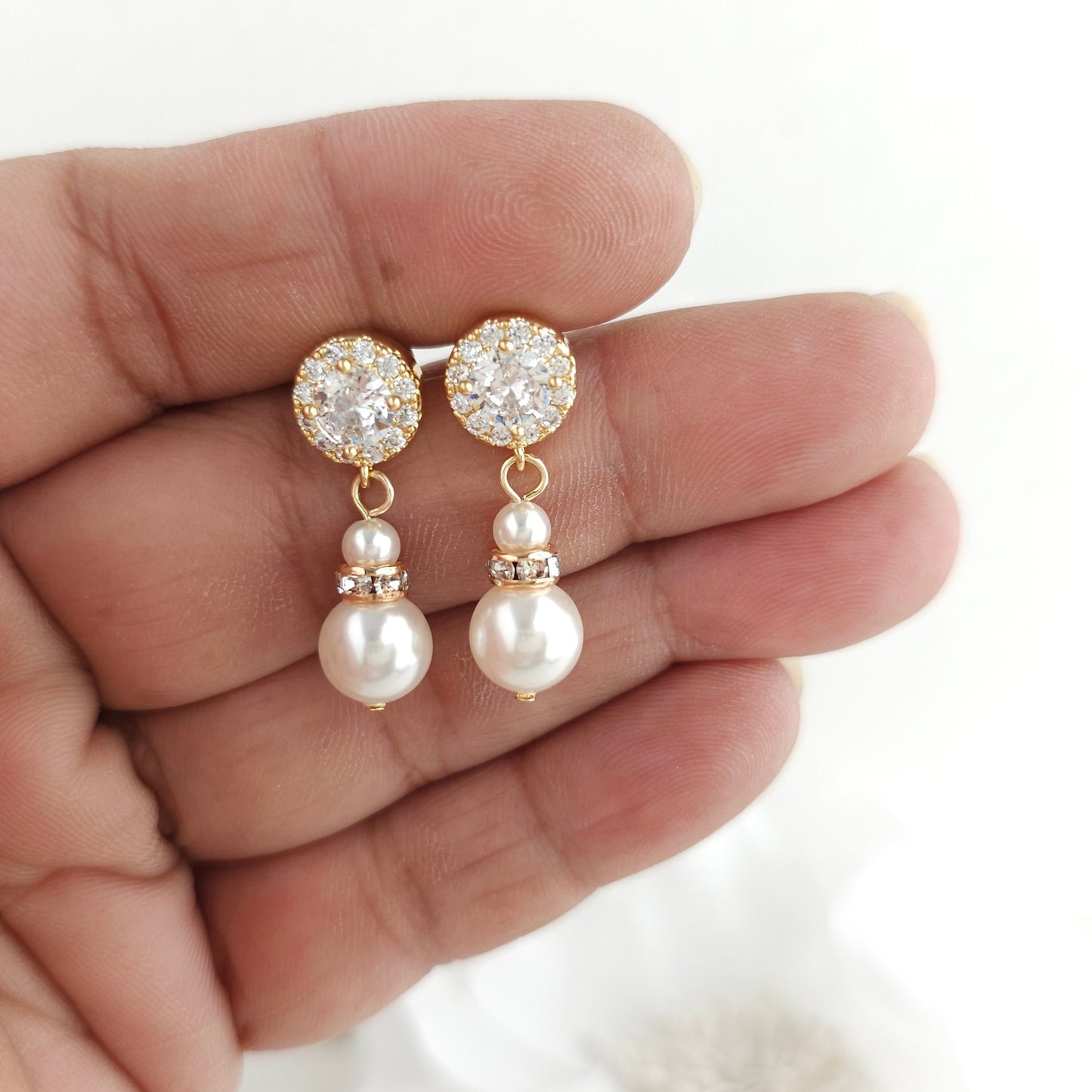 Earrings, Necklace Bracelet Set in Pearls for Weddings in Rose Gold-AVA