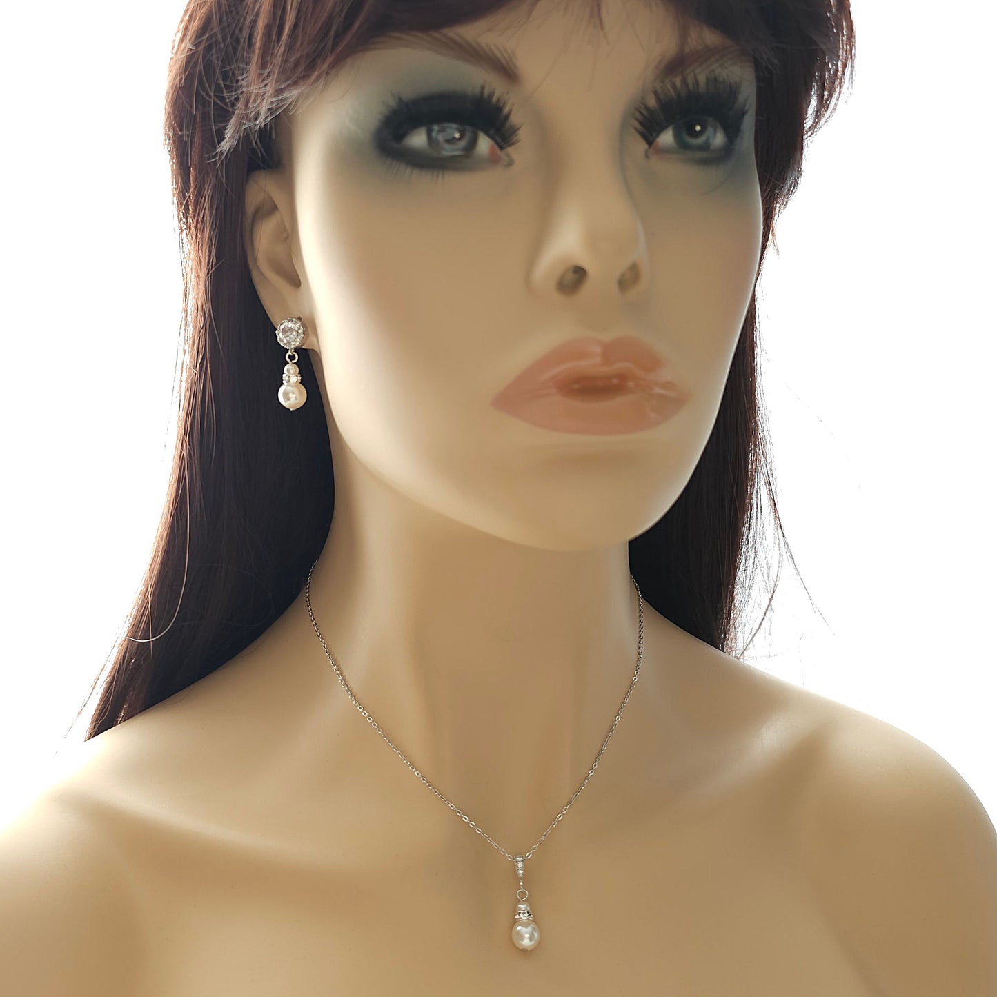 Earrings, Necklace Bracelet Set in Pearls for Weddings in Rose Gold-AVA