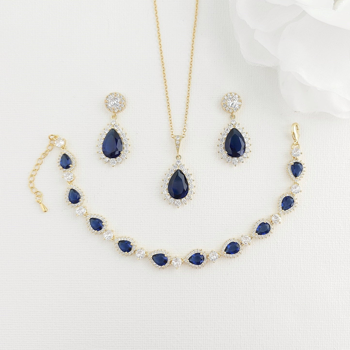 Sapphire Blue Cubic Zirconia Necklace Earring Bracelet Set-AOI