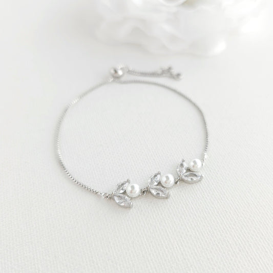 Silver CZ Leaf and Pearl Bracelet- Liela