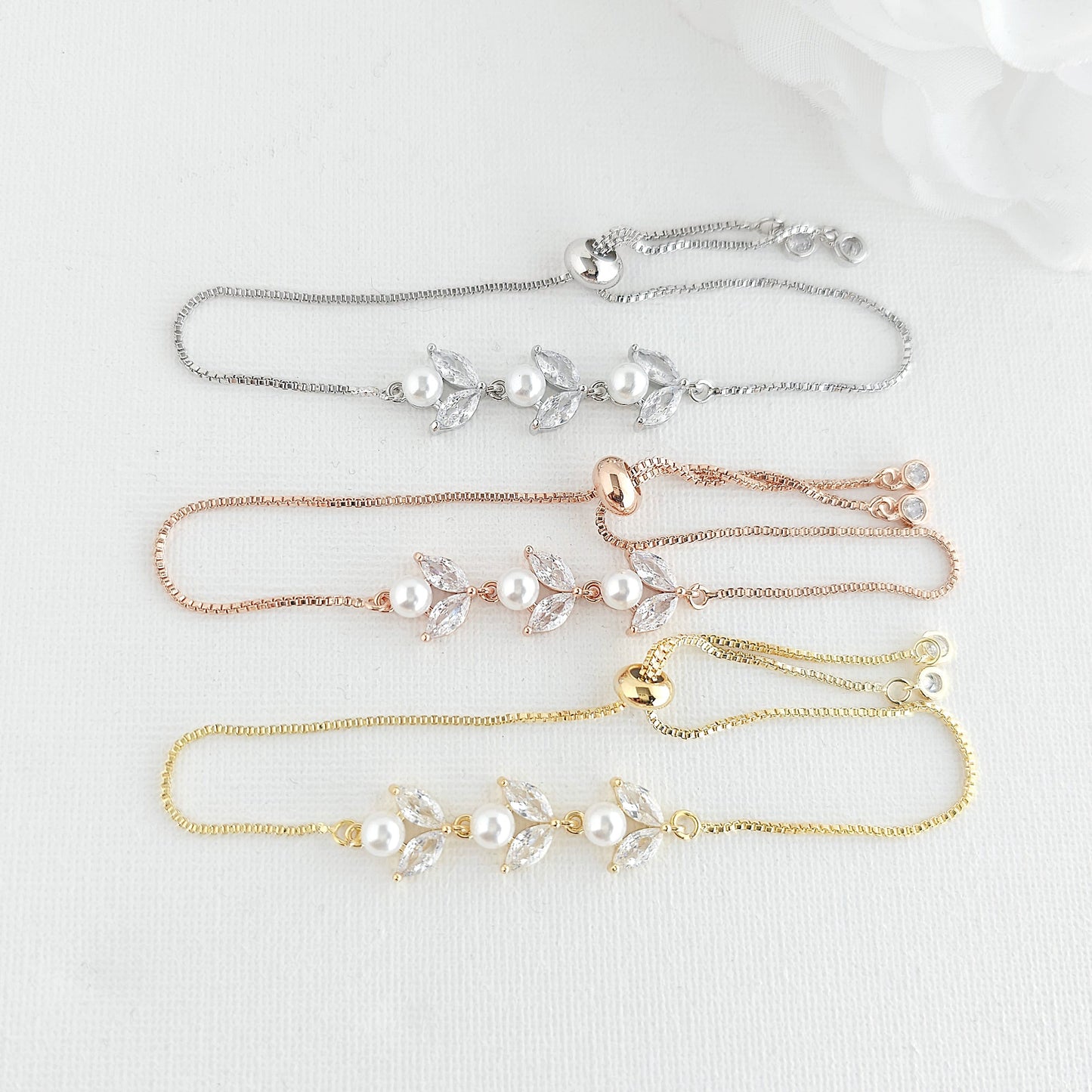 Silver CZ Leaf and Pearl Bracelet- Liela
