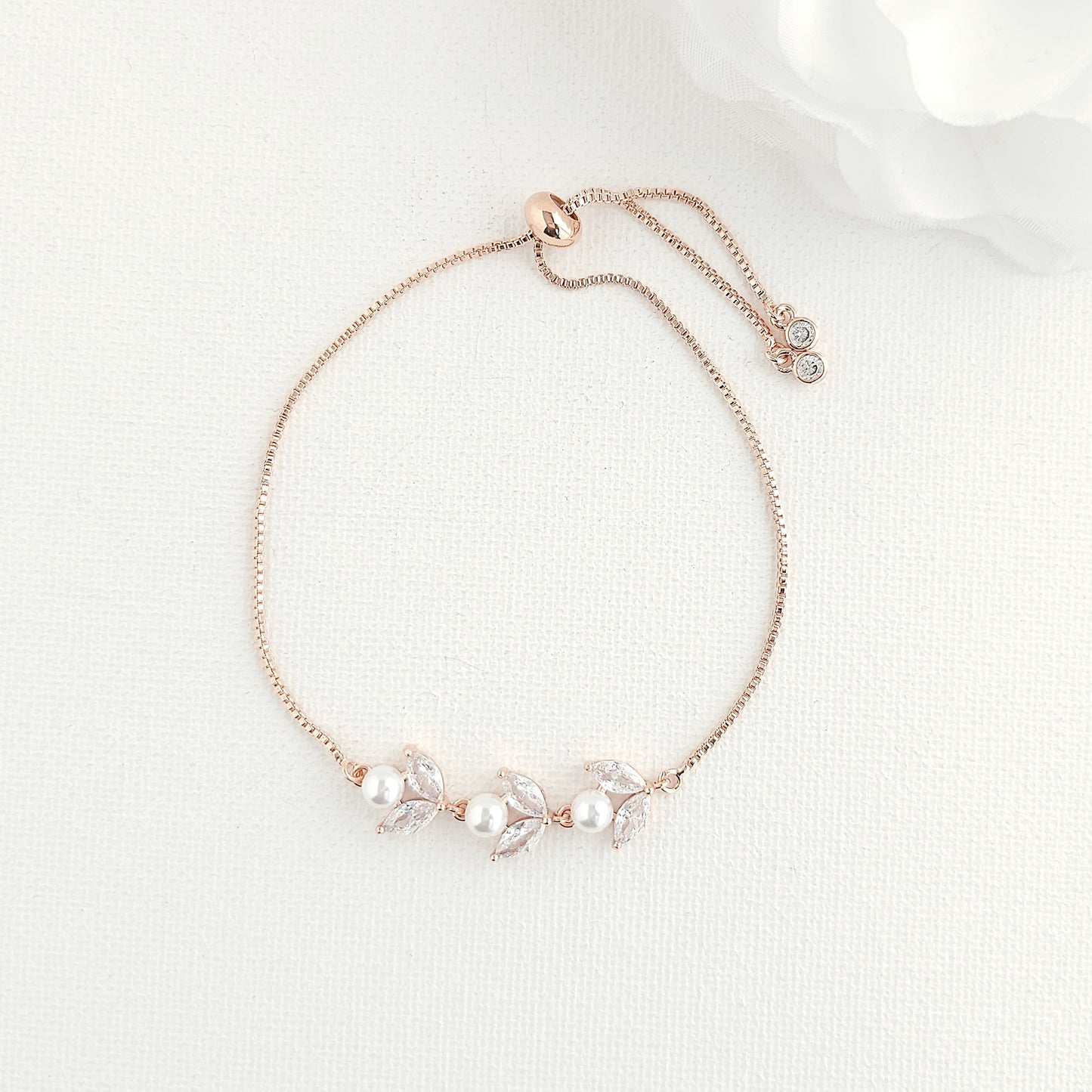 Silver CZ Leaf and Pearl Bracelet- Liela