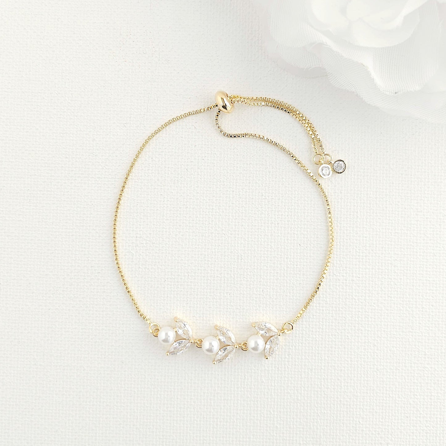 Silver CZ Leaf and Pearl Bracelet- Liela
