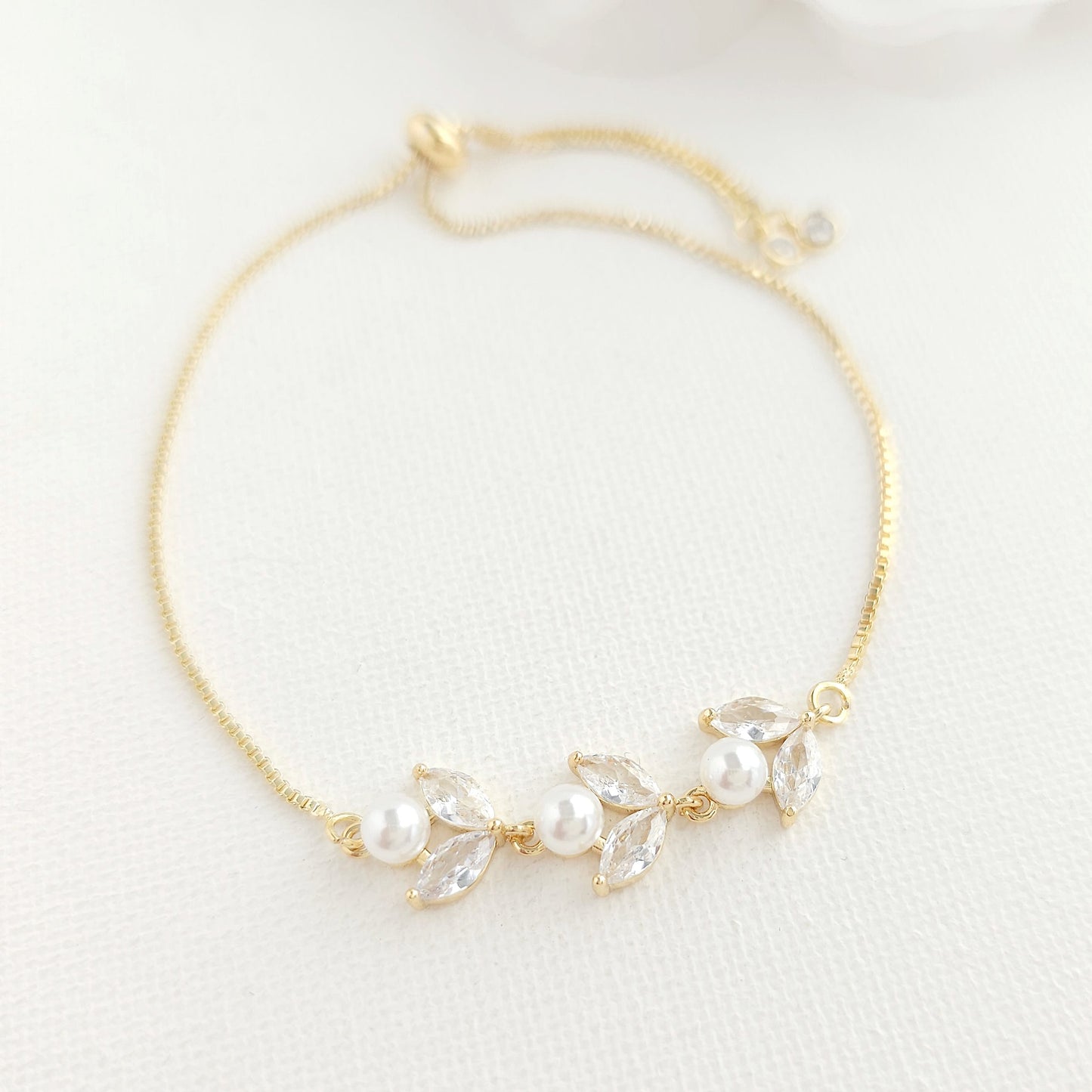 Silver CZ Leaf and Pearl Bracelet- Liela