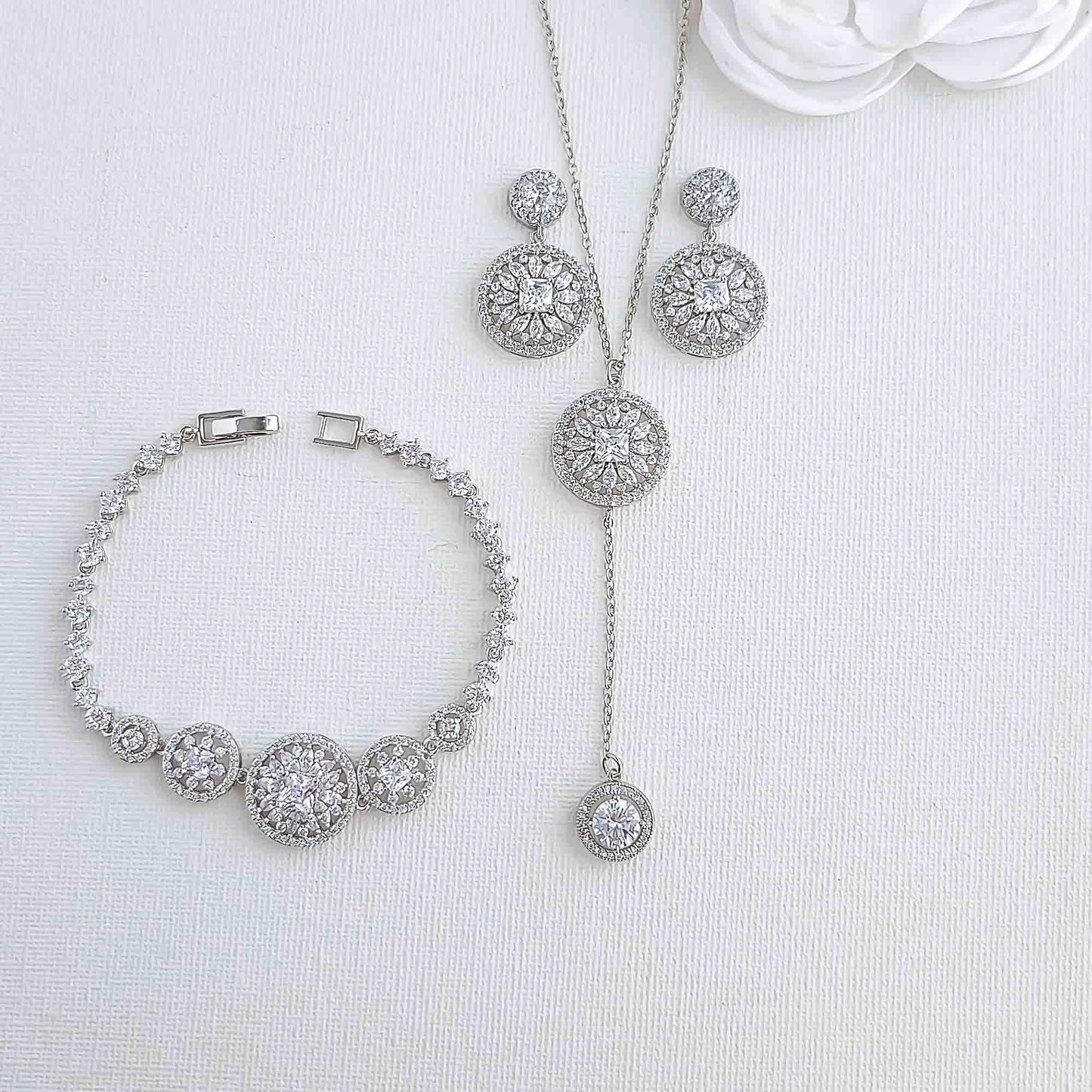 Earrings Bracelet and Long Drop Necklace Set for Weddings- Adonia