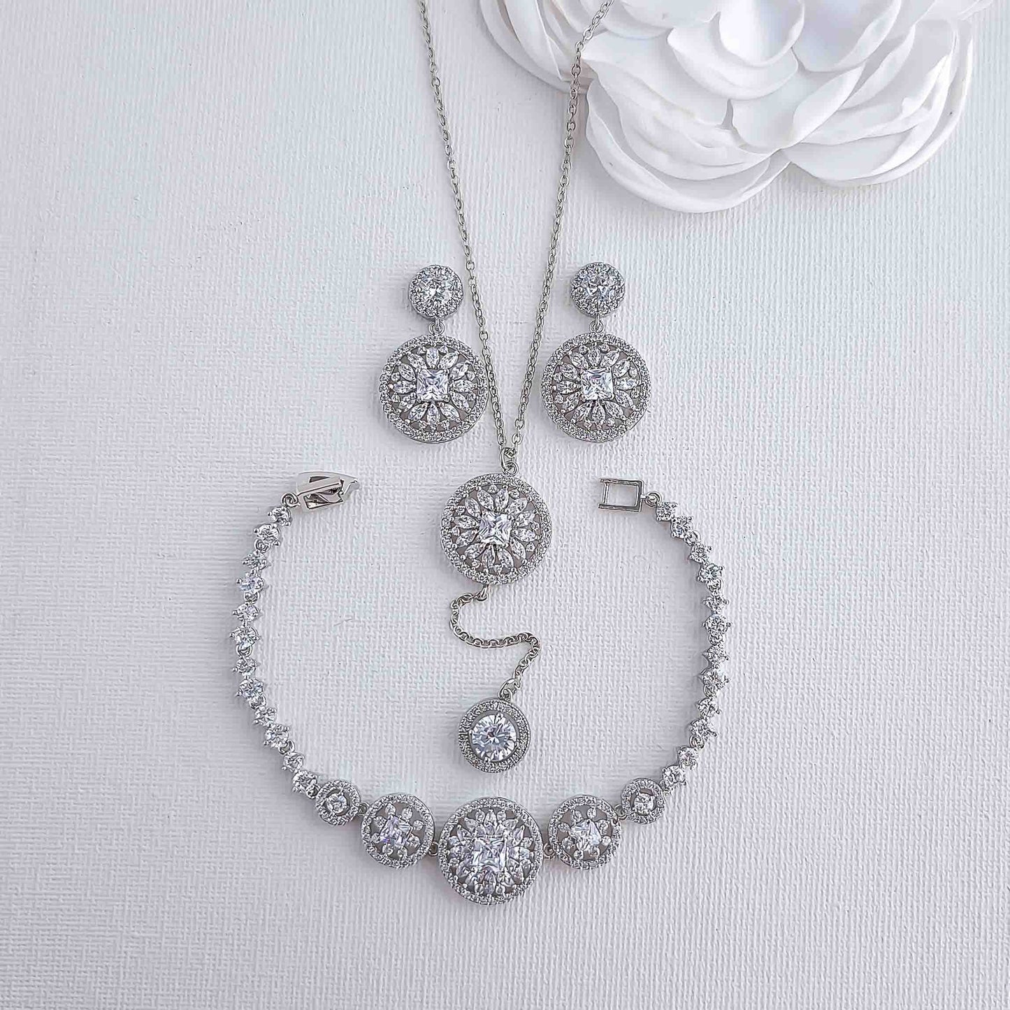 Earrings Bracelet and Long Drop Necklace Set for Weddings- Adonia