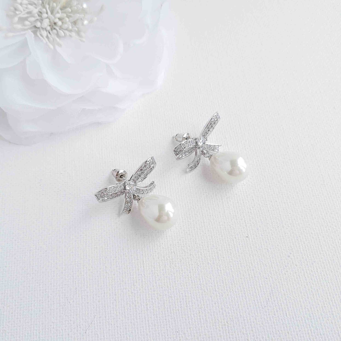 Bow Earrings with Pearl Drops-Delilah
