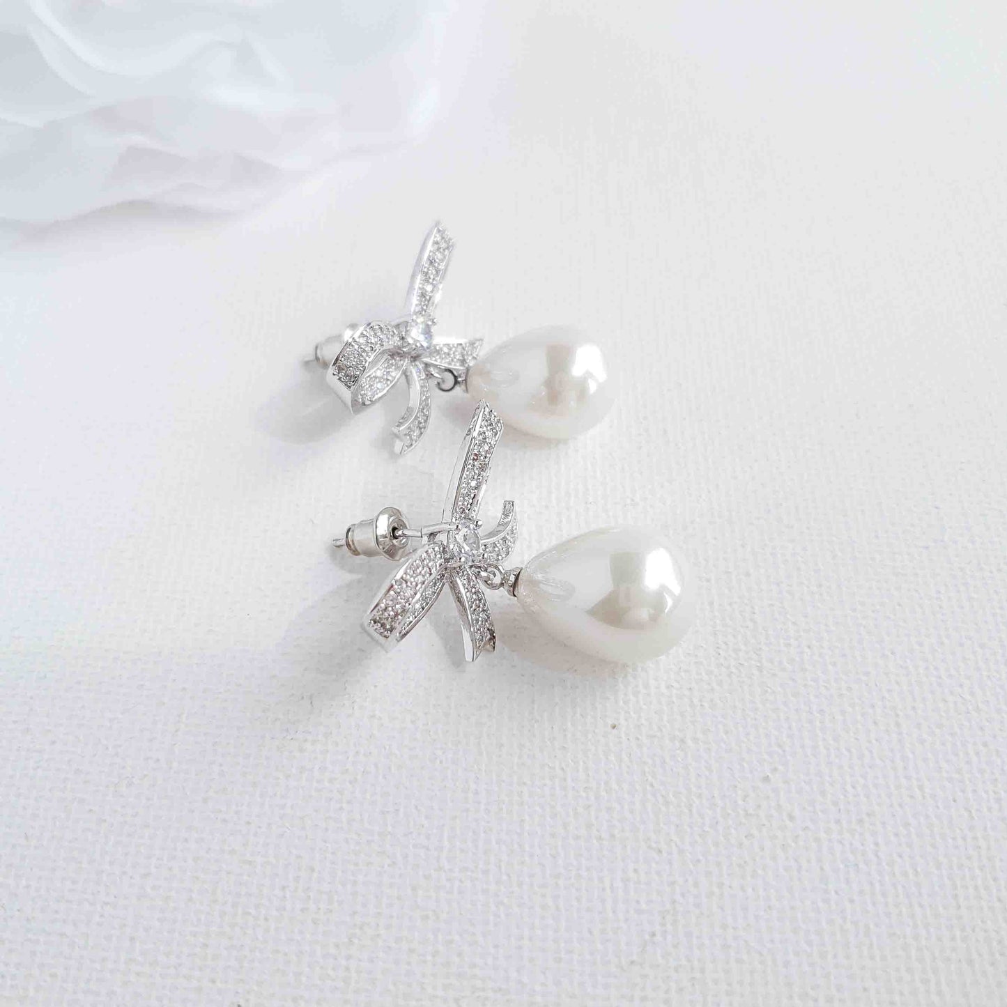 Bow Earrings with Pearl Drops-Delilah