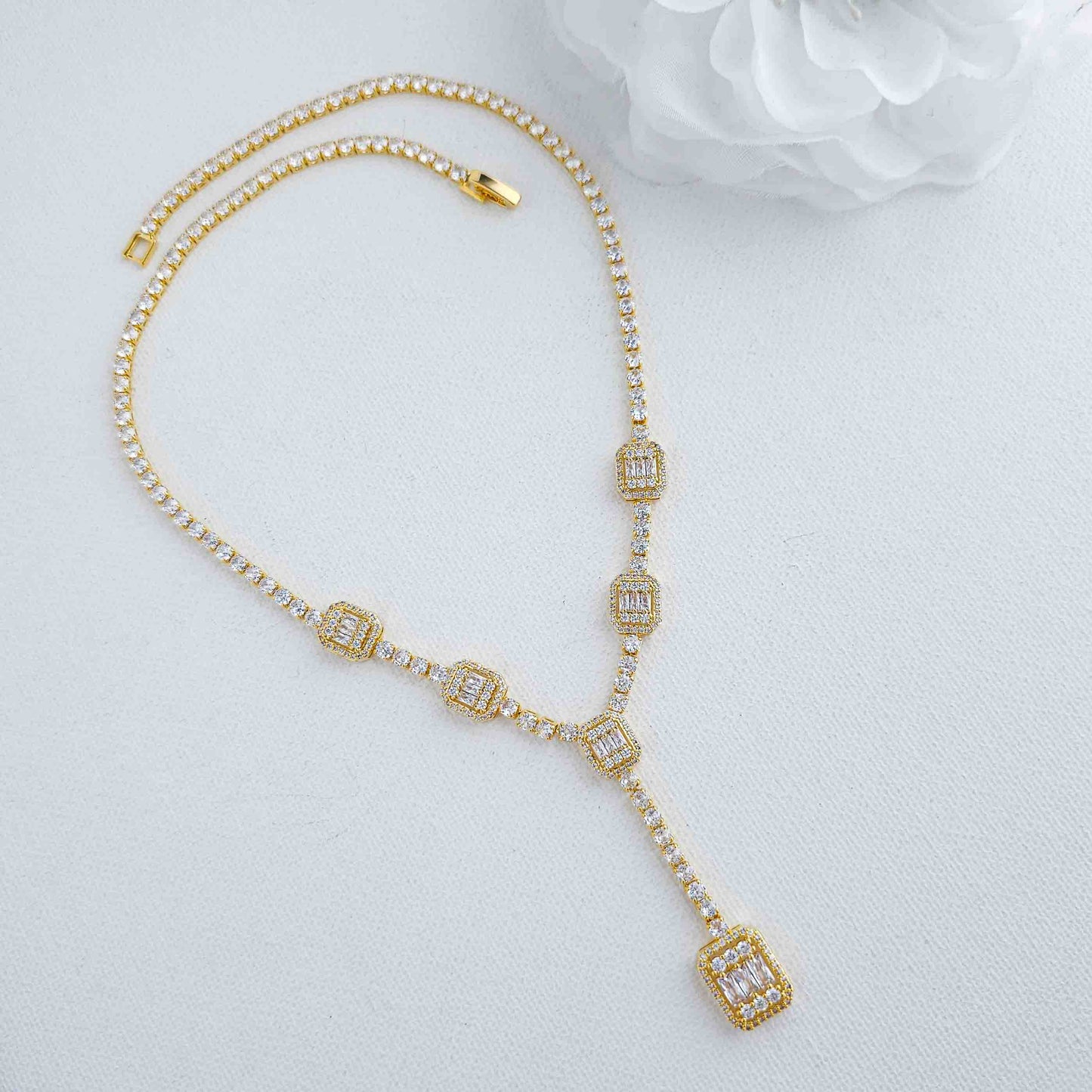 Gold Jewellery Set with Drop Necklace and Earrings for Wedding-Edith